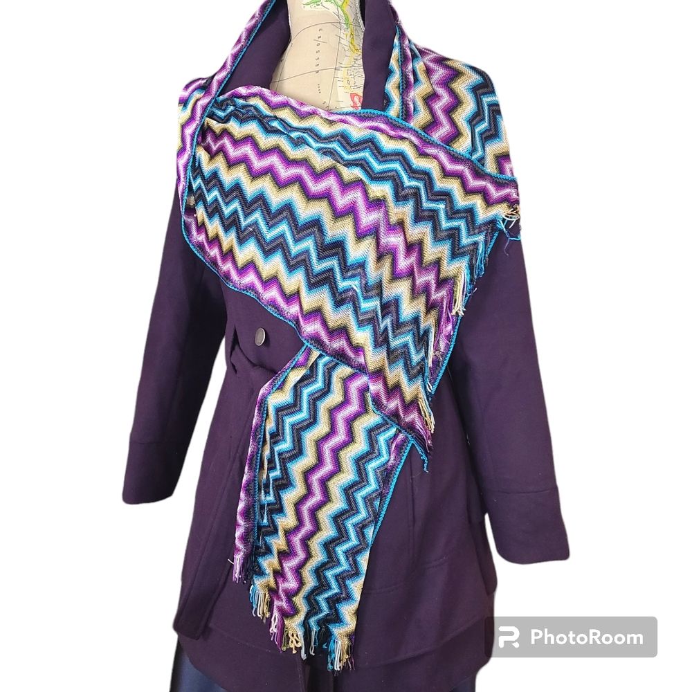 Missoni Signature Zigzag Luxury Purple Multi-Color Long Lightweight Fringe Scarf